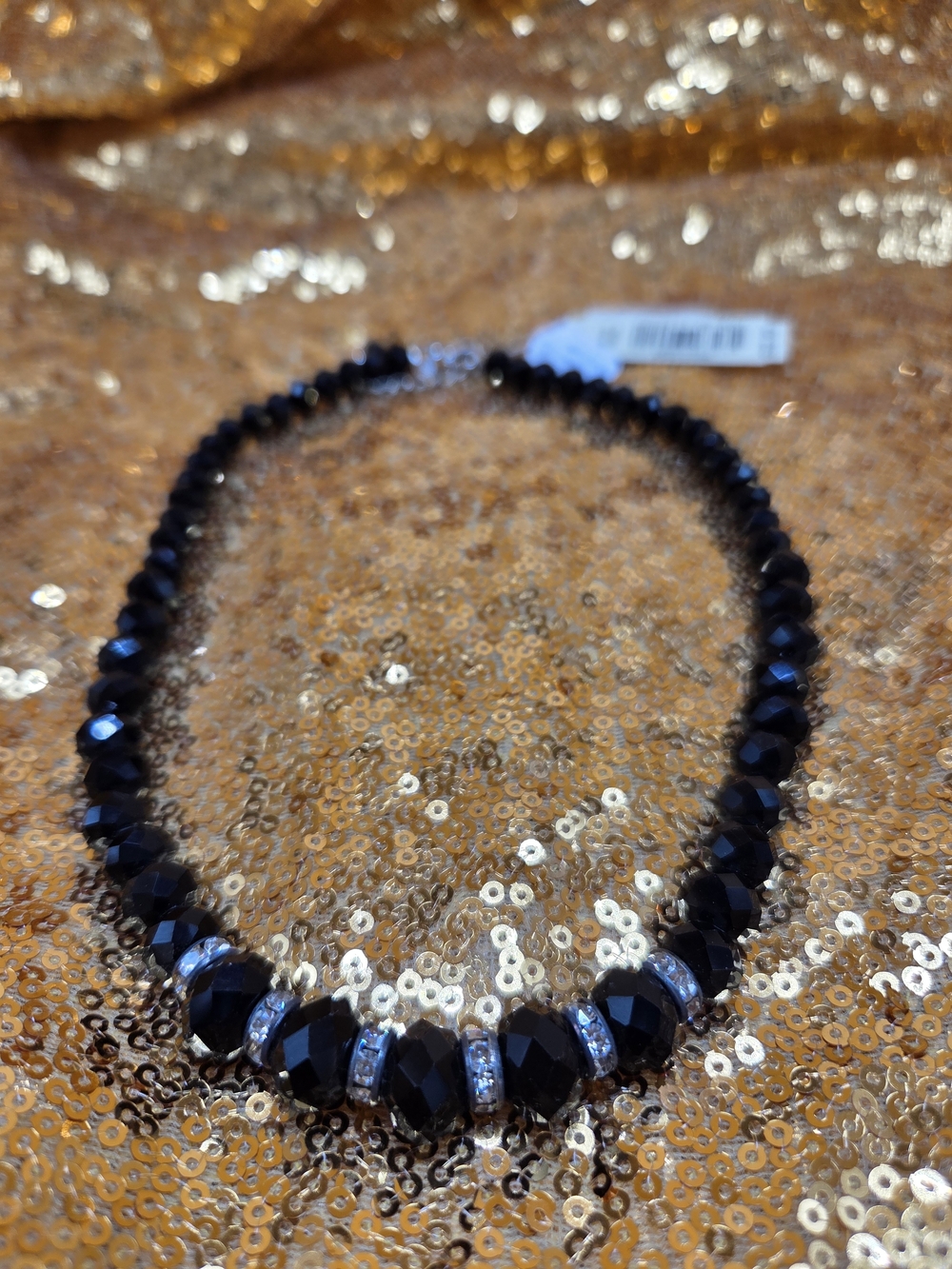Elegant Black Crystal Bead Necklace with Clear Accent Rings